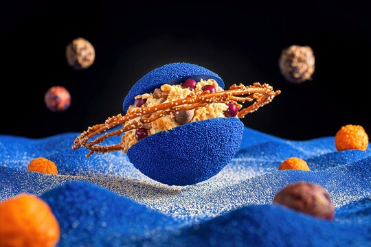 Planeta azul de grageas con anillo de pretzels y dulces dentro, Postre gal&aacute;ctico exclusivo de alta gama con forma de planeta, Fondo creativo de postre gal&aacute;ctico para campa&ntilde;a de marketing