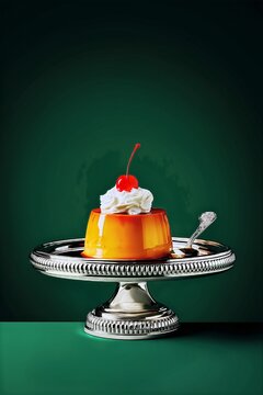 Flan de caramelo con crema batida y cereza en pedestal de plata, Postre gourmet flan premium con crema y cereza en bandeja lujosa, Banner de postre dulce con espacio para texto ideal men&uacute; cafeter&iacute;a