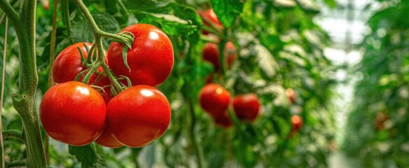 The Tomato Vine Heavy with Ripe Red Tomatoes in a Sunlit Greenhouse
