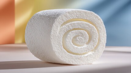 White Spiral Dessert Roll in Studio with Pastel Backdrops and Soft Shadows