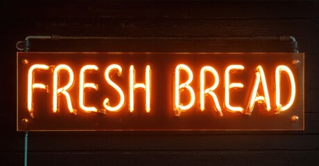 Obraz premium Bright neon sign displays Fresh Bread. Dark background emphasizes glowing text. Rustic wood paneling surrounds illumination. Simple, inviting aesthetic.