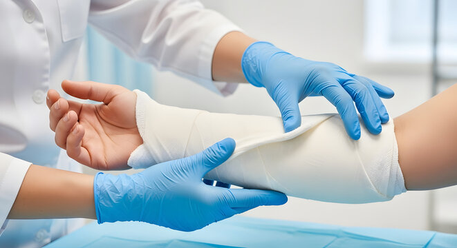 Medical Professional Applying Bandage to Patient Arm, First Aid Treatment and Clinical Healthcare Concept