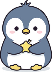Obraz premium A cute cartoon penguin holding a star in its hands against a clean white background with a cheerful mood.