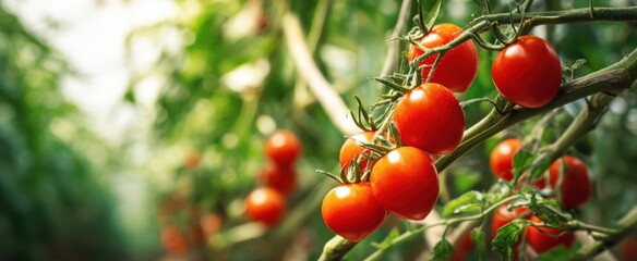 Obraz premium The Tomato Vine Heavy with Sunlit Red Cherry Tomatoes in Lush Garden