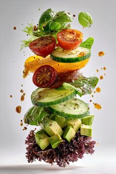 Ensalada fresca levitando con aguacate tomate pepino y aderezo, Fondo de ensalada fresca para publicidad de restaurante o dieta, Art&iacute;culo sobre nutrici&oacute;n con vegetales frescos y aguacate sano