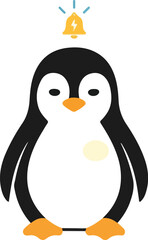 Naklejka premium A cartoon penguin with a yellow bell above its head and blue sound waves on a white background, conveying a notification theme.