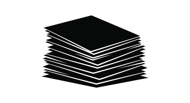 A striking black stack of papers angled and layered creates a bold geometric form against a white background silhouette