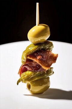 Pincho gilda tradicional aceituna guindilla anchoa, Pincho gourmet espa&ntilde;ol de lujo aperitivo elegante, Fondo para publicidad de bar con pincho gilda espacio para texto