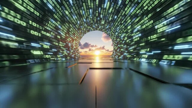 Digital tunnel with glowing binary code. Sunset creates vibrant atmosphere. View of data stream showcases technology and innovation. Futuristic scene evokes excitement and creativity.