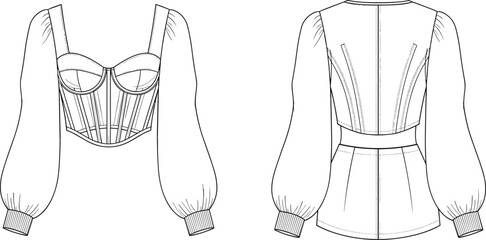 Technical fashion illustration of corset-style top with puff sleeves, boning details, princess seams, and zippered back. © itz moni