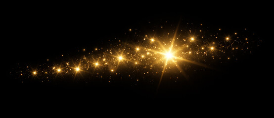 Abstract golden glowing light trail with sparkles and particles, luminous energy rays and magic shine effect on transparent background © Darina