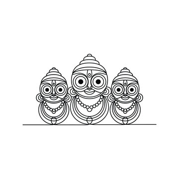Stylized line art illustration of three Jagannath deities with large round eyes and beaded necklaces on a white background