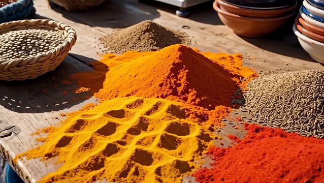 Vibrant Spices Displayed on a Wooden Table with Natural Light