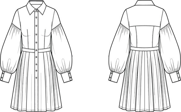 Technical fashion illustration of pleated dress with collar, bishop sleeves, waistband, button front, and structured back seam details.
