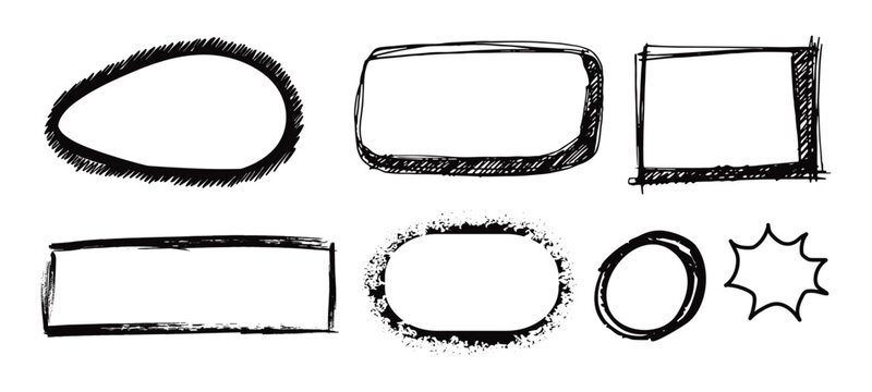 Hand drawn black pen collection showing round circle underline marks with doodle lines and strokes. Crayon or Chalk Square shape Frames.