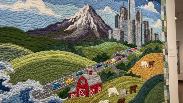 The scene features a quilt depicting a vibrant countryside with rolling hills, a red barn, and cars on the road. The quilt also shows a city skyline alongside gentle waves in the landscape.