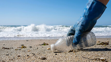 Obraz premium Hand in rubber glove picking up plastic bottle on polluted beach