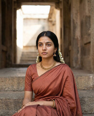 Naklejka premium Young Indian Woman in Traditional Saree with Jewellery