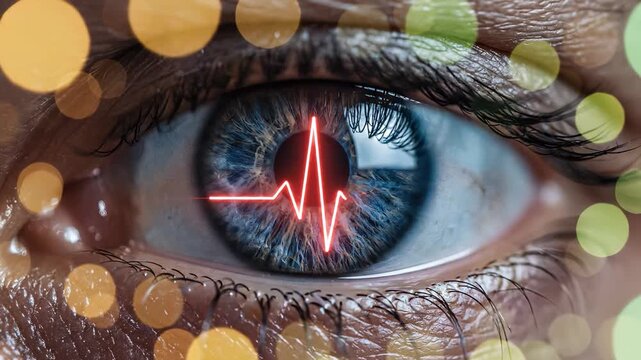 The image features a close-up of a woman's eye, highlighting intricate details. An electrocardiogram line is superimposed over the woman's eye, emphasizing health.