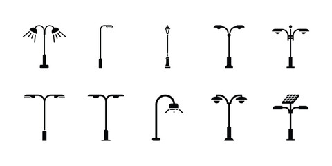 Modern street lamp icon collection, Minimalist outdoor urban lighting and public infrastructure vector illustrations