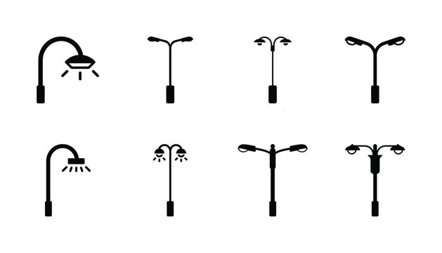 Street lamp icon set, Minimal urban streetlight silhouettes collection