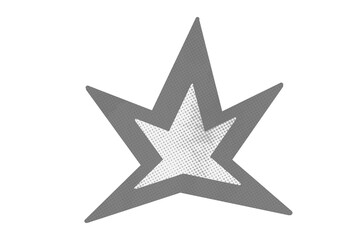 Obraz premium Two overlapping abstract star shapes, one gray with halftone dots and one white inner star, explosion, burst, graphic design, modern art, retro style, layered, dynamic, angular, geometric, 