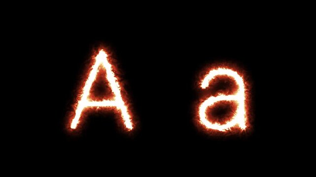 Fiery glowing capital and lowercase letter A animation on black background, burning alphabet typography effect for dramatic titles, intros, and logo design.