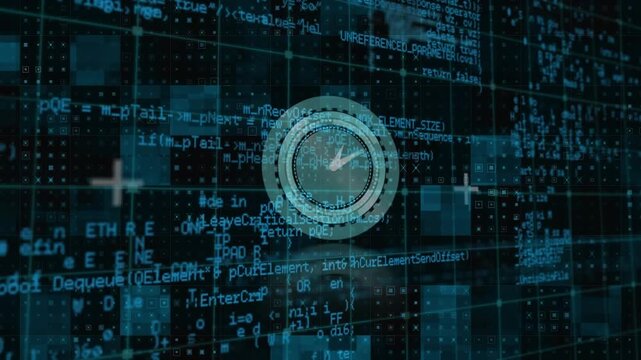 Animation of computer language over digital clock and squares against black background