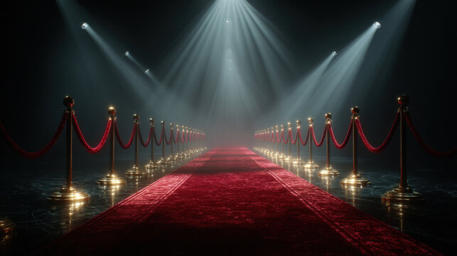 bright spotlights illuminate the red carpet in the darkness