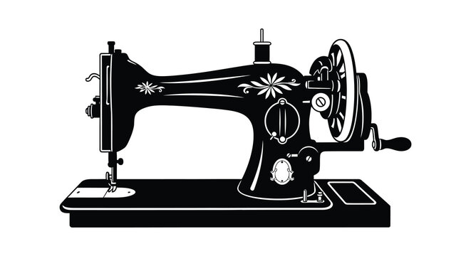 A striking black and white depiction of a vintage sewing machine showcasing its ornate details as a silhouette high quality professional detailed