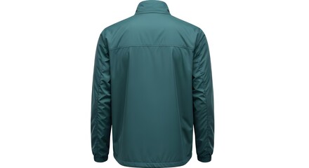 Ghost mannequin shot of the full back view of a plain teal windbreaker jacket