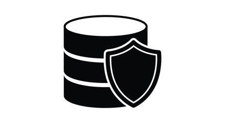 A black silhouette of a database cylinder paired with a shield representing data security and protection silhouette high quality professional