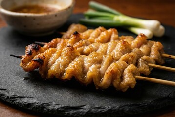 Crispy Grilled Yakitori Chicken Skin Skewers with Savory Sauce on Black Slate