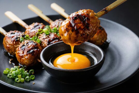 Japanese Tsukune Yakitori with Green Onions and Golden Egg Yolk on Black Plate