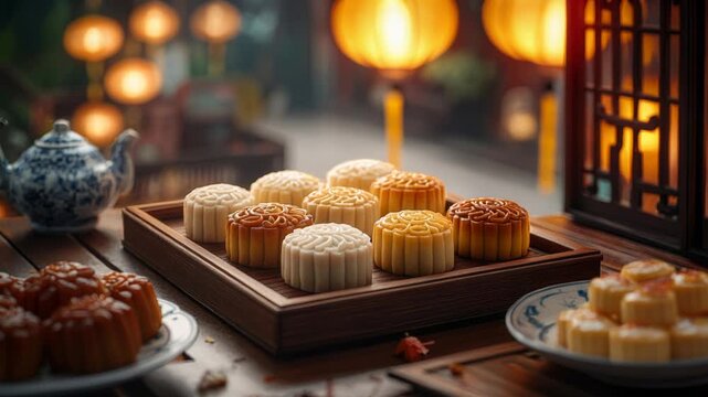 Traditional Mooncakes Arranged on Wooden Tray in Lantern Lit Setting