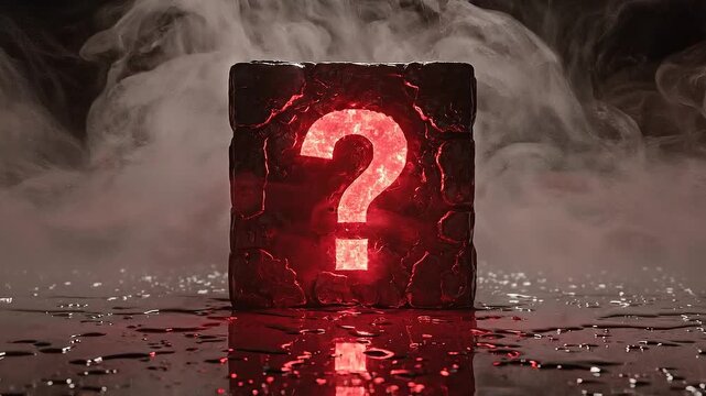 Intense Red Glowing Question Mark on Cracked Stone Block
