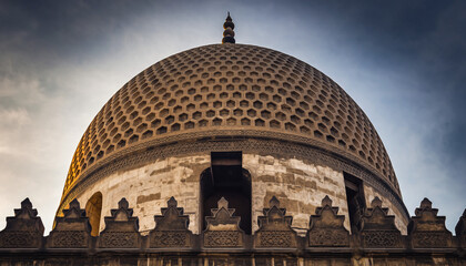 Obraz premium Cairo Madrasah Qubba. Islamic Culture – Building and Architecture. A stunning shot of the pyramidal or honeycomb structure of a stone Qubba from a Mamluk-era Cairo Madrasah. 