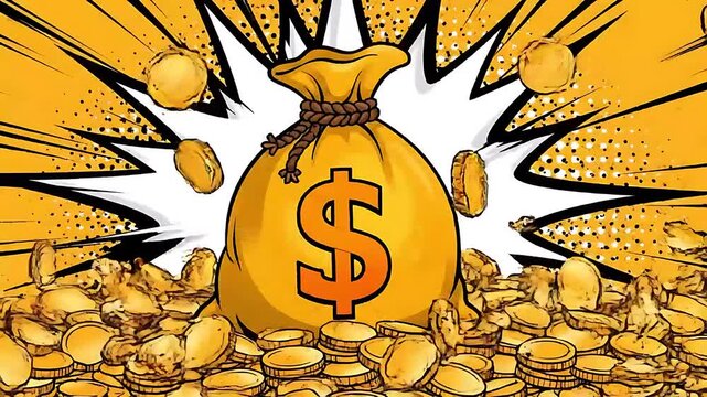 money bag cartoon icon on yellow background, finance and wealth concept