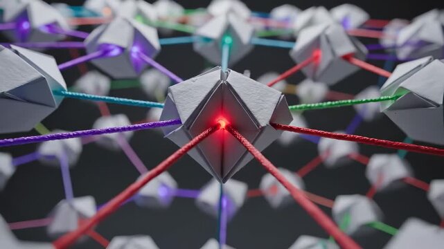 The image shows interconnected geometric shapes, creating a network of colorful lines. The geometric shapes, lines, and colors are key elements in the design.