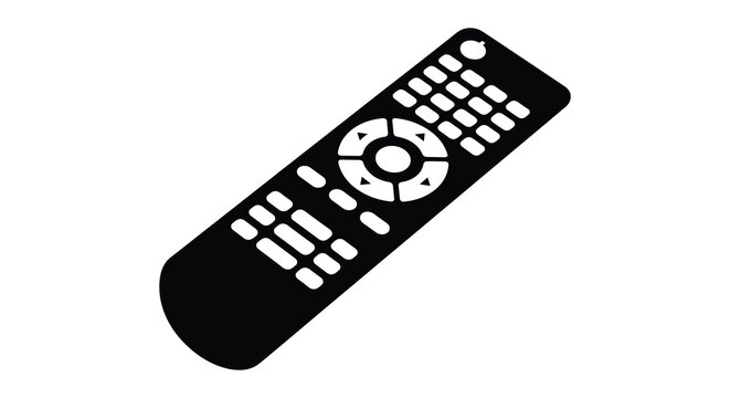 A stark black silhouette of a modern television remote control angled on a white background silhouette high quality professional detailed
