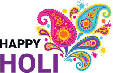 Happy Holi greeting design with colorful paisley floral ornament and paint splashes, vibrant Indian festival of colors typography vector illustration