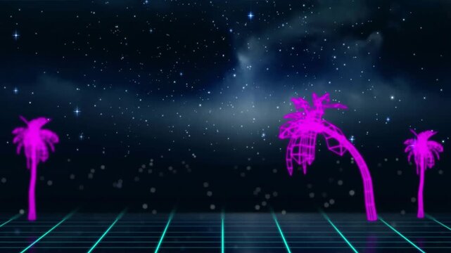 Neon palm trees and grid animation over starry night sky background