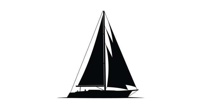 A striking black silhouette of a classic sailboat with tall angled masts and full sails against a white background silhouette