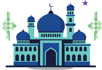 Fototapeta premium Modern mosque building illustration with blue domes, crescent moon and Islamic ketupat decorations, Ramadan and Eid celebration vector design