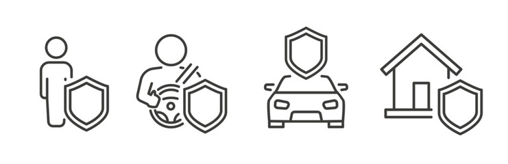Insurance set icons, contains such as assurance driver, home, life human, insurance car, line art vector