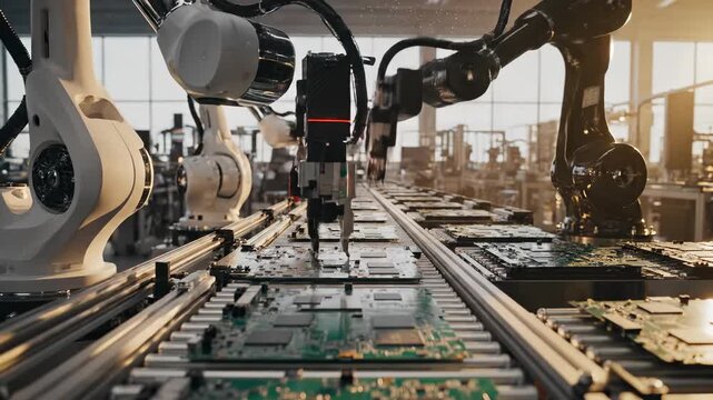 Robotic assembly line in modern factory. High-tech automation performs precise tasks. Innovation drives efficiency and productivity in manufacturing process.