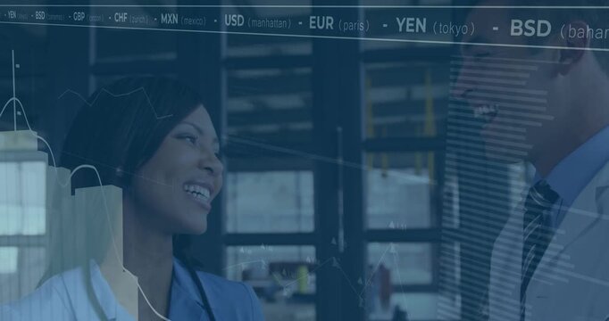 female doctor speaking to colleague, activating currency codes for health finance, rising graph