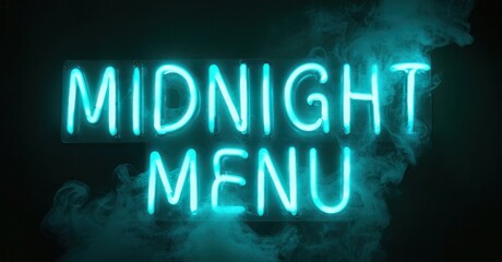 Bright neon sign displays Midnight Menu. Turquoise glow emanates from lettering, surrounded by wisps smoke. Dark background enhances luminosity.