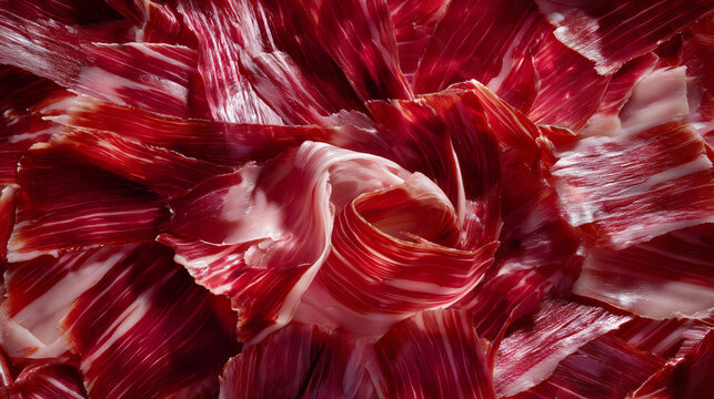Jam&oacute;n ib&eacute;rico en lonchas finas fondo completo, Delicioso jam&oacute;n de alta gama un manjar gourmet espa&ntilde;ol, Fondo premium de jam&oacute;n para men&uacute; de restaurante o publicidad