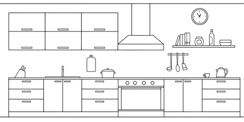 Kitchen room graphic black white home interior sketch illustration vector 